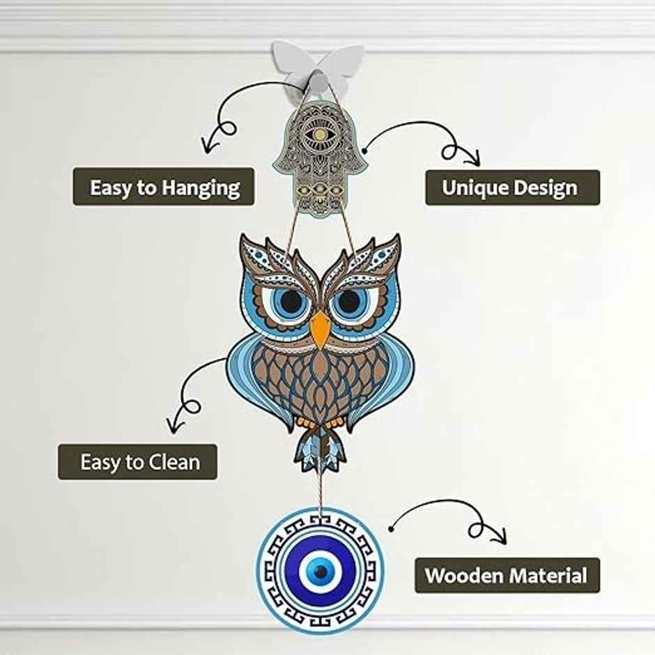 Daluci Wooden Wall Hanging For Home Decor | Hamsa Hand Peace Charm | Owl Shape