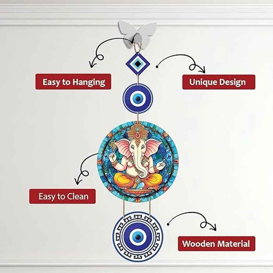 Daluci Lord Ganesh Wooden Wall Hanging For Home Decor - Hamsa Hand Peace Charm