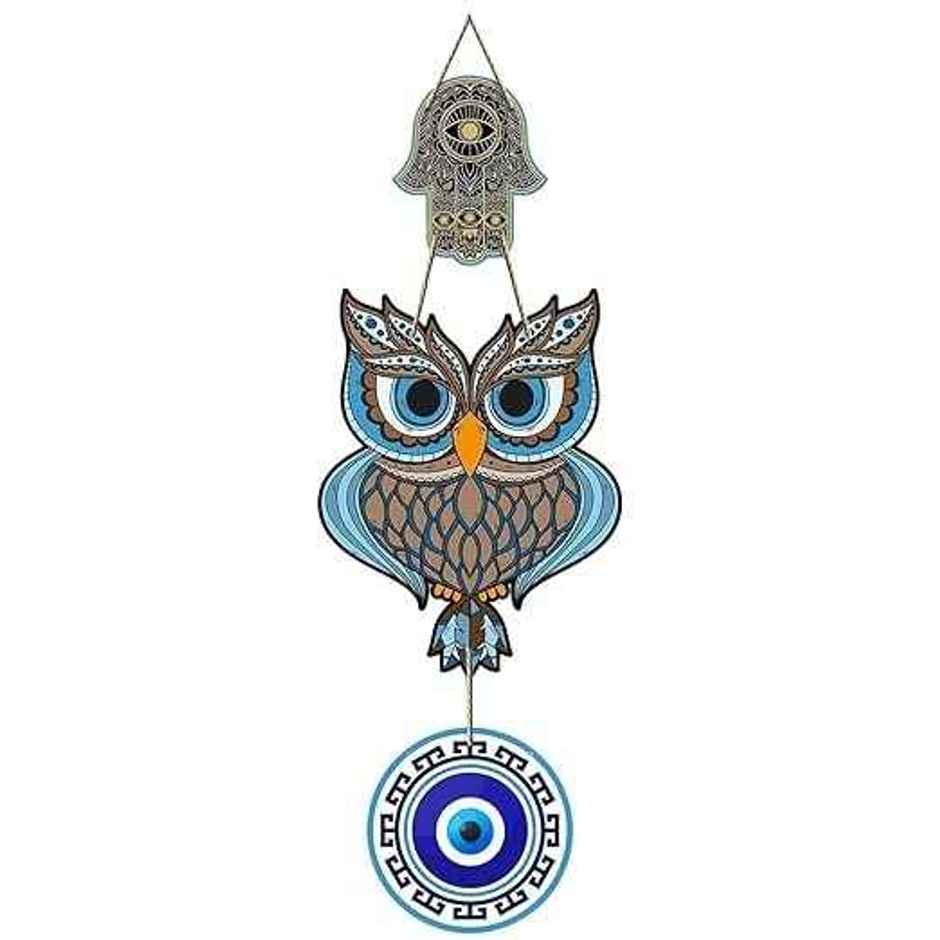 Daluci Wooden Wall Hanging For Home Decor | Hamsa Hand Peace Charm | Owl Shape