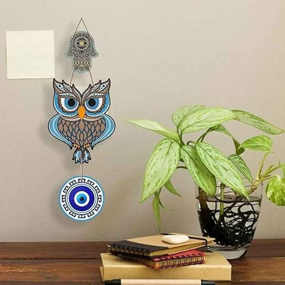 Daluci Wooden Wall Hanging For Home Decor | Hamsa Hand Peace Charm | Owl Shape