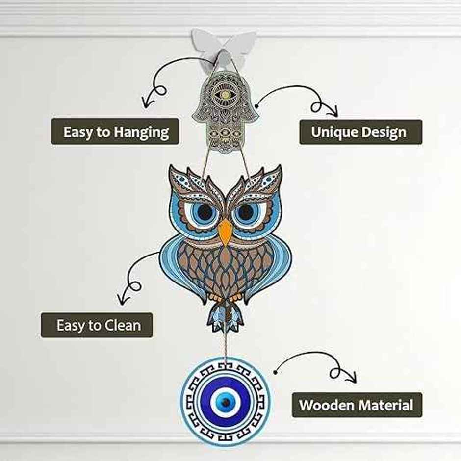 Daluci Wooden Wall Hanging For Home Decor | Hamsa Hand Peace Charm | Owl Shape