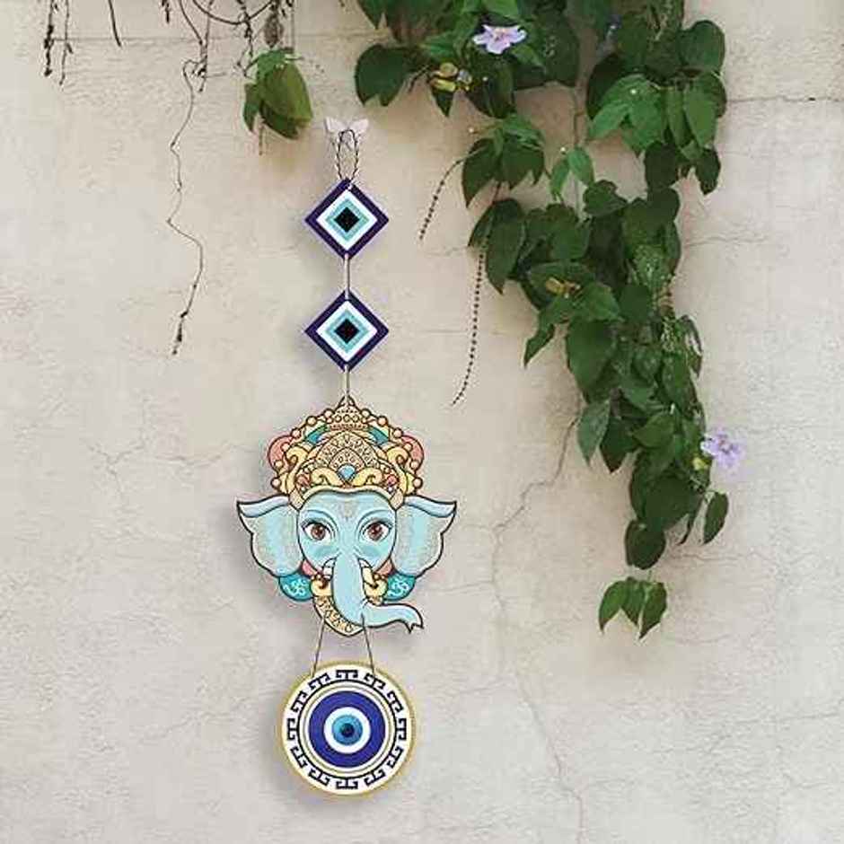 Daluci Designer Wooden Wall Hanging For Home Decor - Hamsa Hand Peace Charm | Face Ganesh
