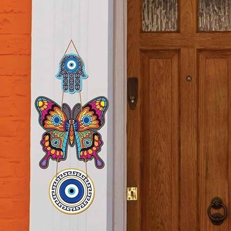 Daluci Wooden Wall Hanging For Home Decor | Hamsa Hand Peace Charm | Butterfly Evil Eye