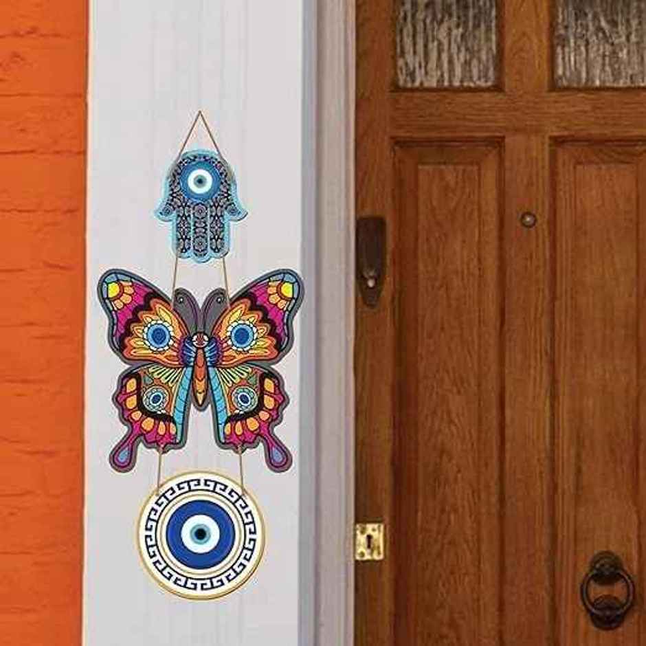 Daluci Wooden Wall Hanging For Home Decor | Hamsa Hand Peace Charm | Butterfly Evil Eye