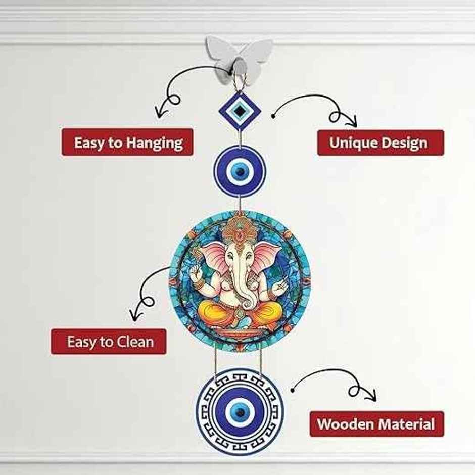 Lord Ganesh Wooden Wall Hanging for Home Decor | Hamsa Hand Peace Charm | Daluci