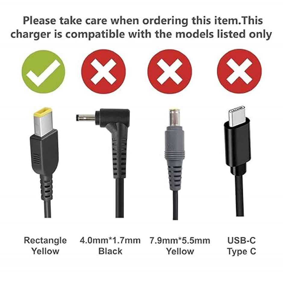 Lenovo 65W USB Slim Tip Rectangular pin Laptop Adapter/Charger with Power Cord for Select Models of Lenovo Laptops (888015000) - Black