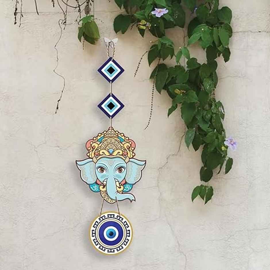 Daluci Designer Wooden Wall Hanging For Home Decor - Hamsa Hand Peace Charm | Face Ganesh