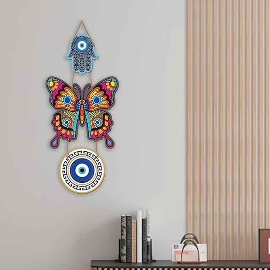 Daluci Wooden Wall Hanging For Home Decor | Hamsa Hand Peace Charm | Butterfly Evil Eye