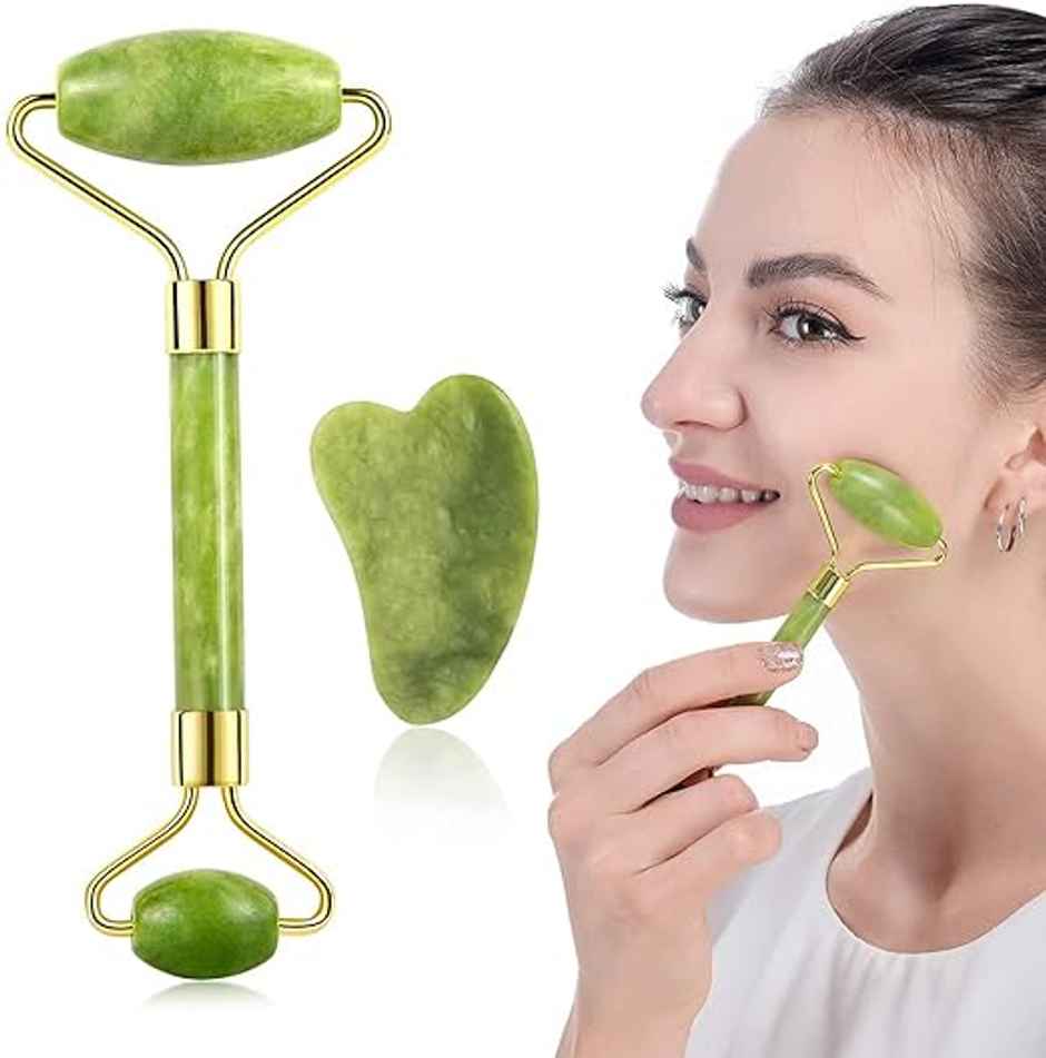 Bronson Professional Jade Roller & Gua Sha Face Neck Dual Head Massage Kit | Reduces Puffiness