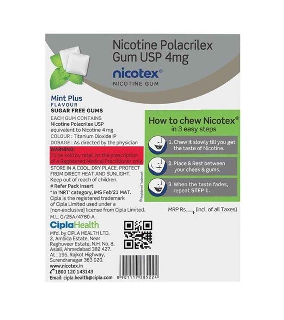 Nicotex 4mg Mint Plus Flavour Sugar Free Chewing Gum
