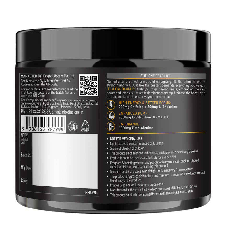 Fuel One Dead-Lift Pre Workout|200mg Caffeine, 200mg L-Theanine,3000mg Beta Alanine