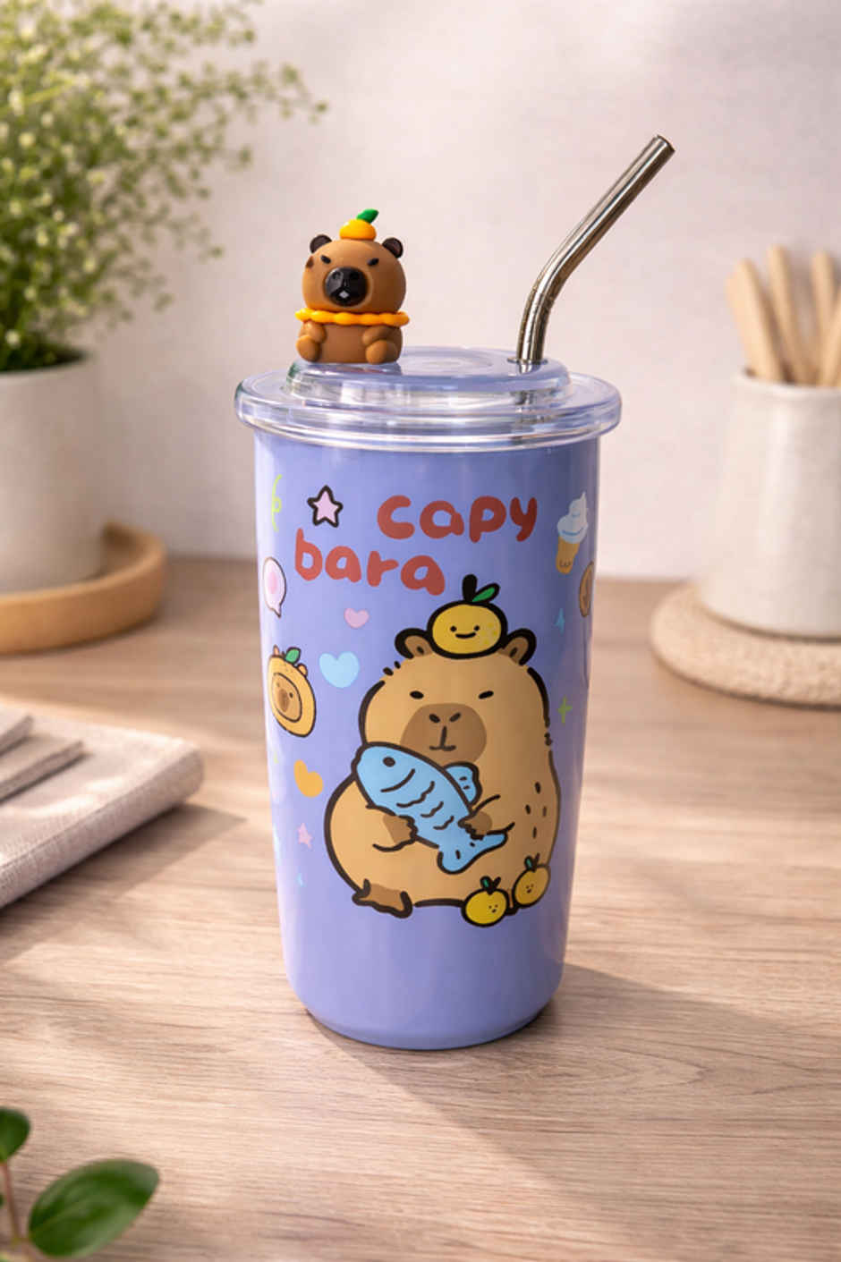 DesignLand Capy Bara Vacuum Cup With Straw | Blue | 500 ml
