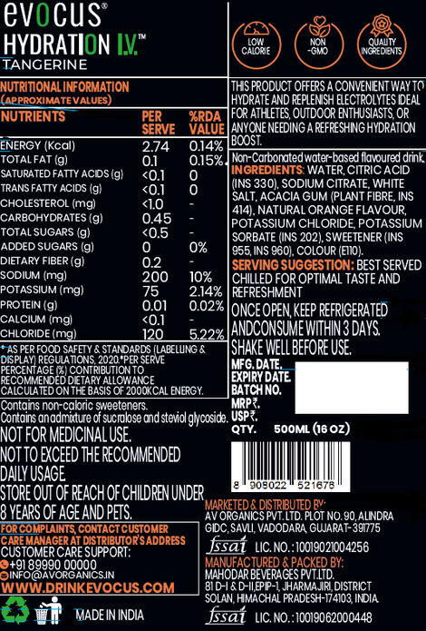 Evocus Hydration I.V. Electrolytes Drink - Hydration Drink | Tangerine