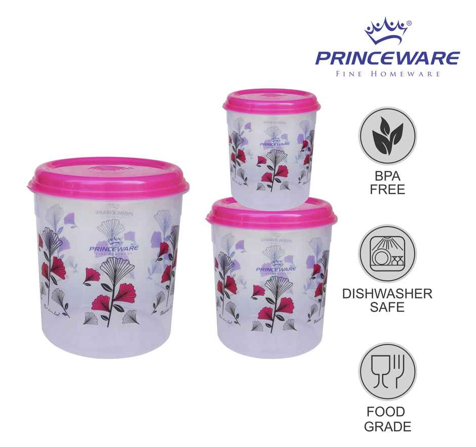 Princeware Classic Tall Container Set of 3 | 4.05 L+7 L +12 L Printed-pink