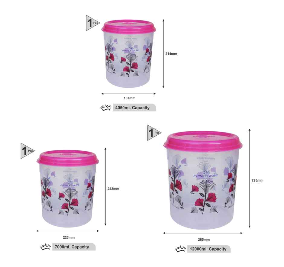 Princeware Classic Tall Container Set of 3 | 4.05 L+7 L +12 L Printed-pink