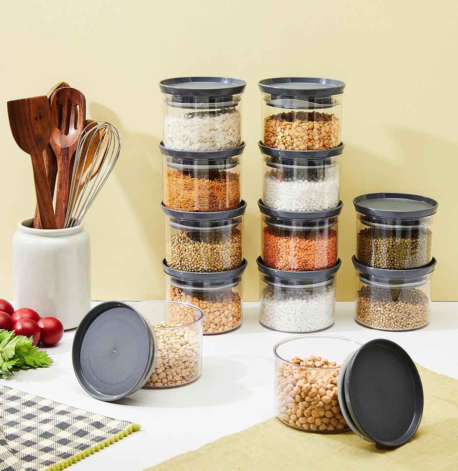 YouBee 500 ml Multipurpose Plastic Storage Jar and Kitchen Storage Container | Set of 12 | Grey