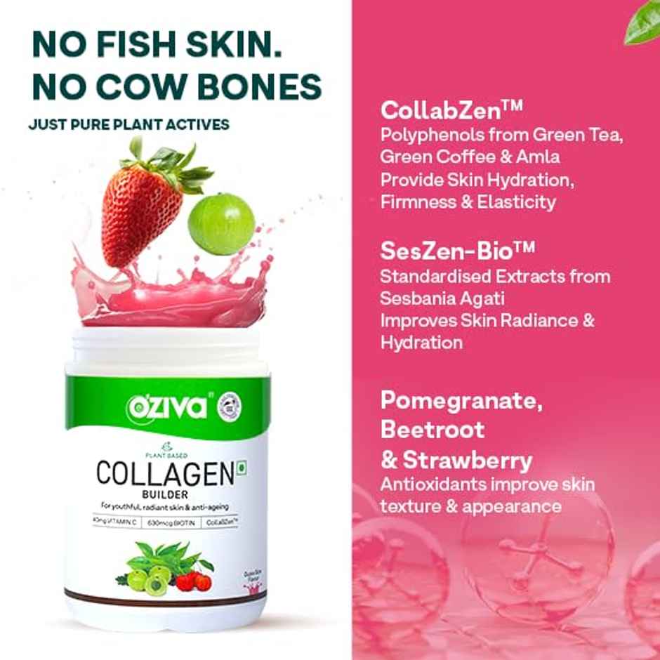Oziva Vegan Collagen Powder for Skin, Hair and Nails | 40mg Vitamin C | 630mcg Biotin - Watermelon