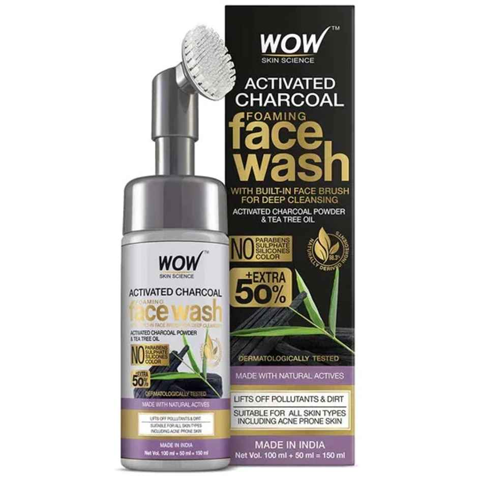 WOW Skin Science Charcoal Foaming Face Wash with Built-In Face Brush for deep cleansing - No Parabens, Sulphate, Silicones & Color