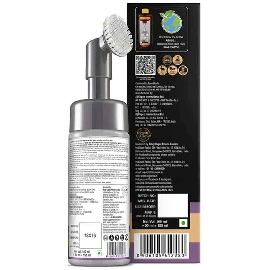 WOW Skin Science Charcoal Foaming Face Wash with Built-In Face Brush for deep cleansing - No Parabens, Sulphate, Silicones & Color
