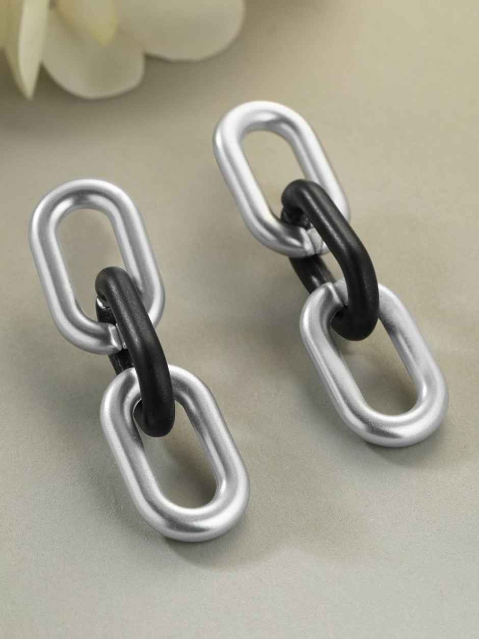 Rubans Silver-Toned & Black Contemporary Drop Earrings