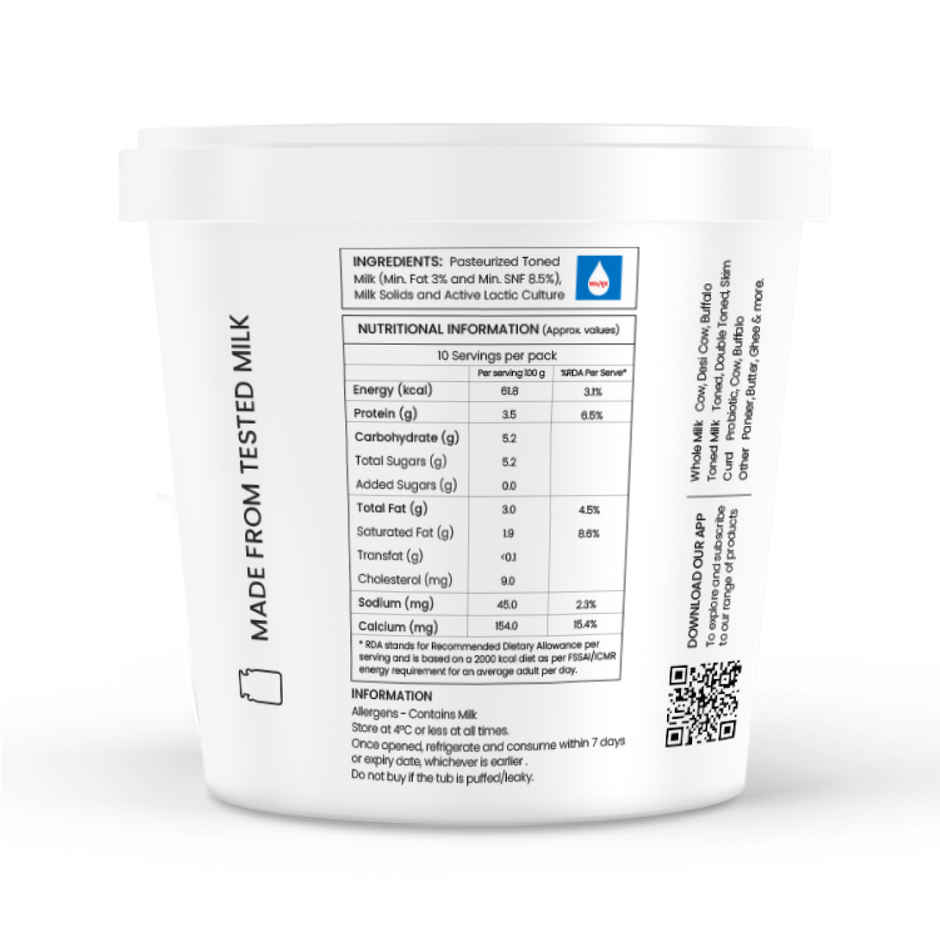 Sid's Farm Family Tub Curd - Made from Tested Milk (No Antibiotics . No Hormones . No Preservatives)