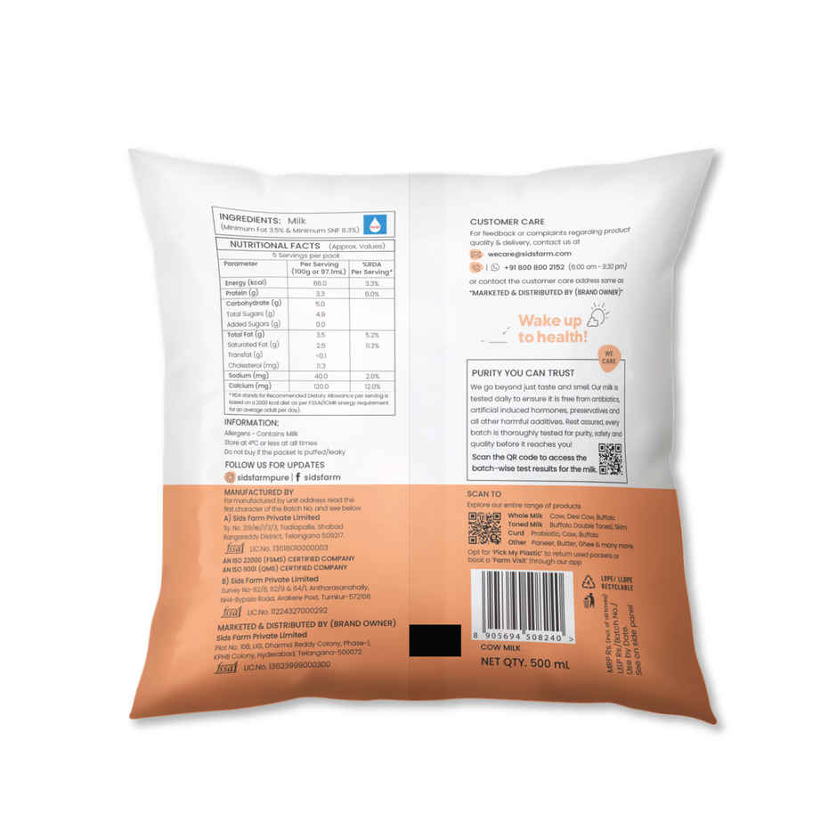 Sid's Farm Tested Cow Milk (No Antibiotics . No Hormones . No Preservatives)