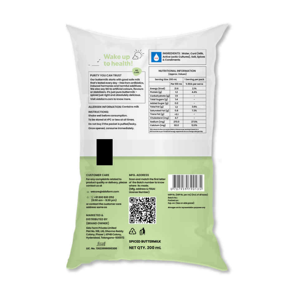 Sid's Farm Buttermilk pouch - No artificial flavours or preservatives. Made from tested milk