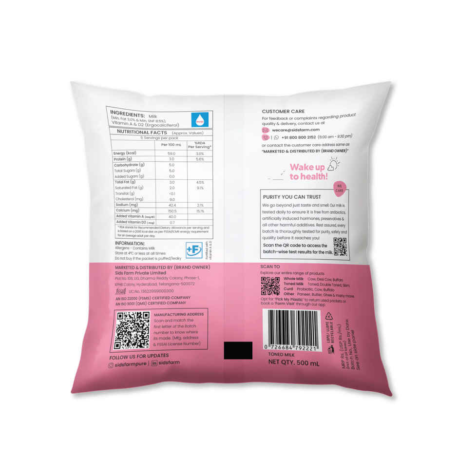 Sid's Farm Tested Toned Milk (No Antibiotics . No Hormones . No Preservatives)