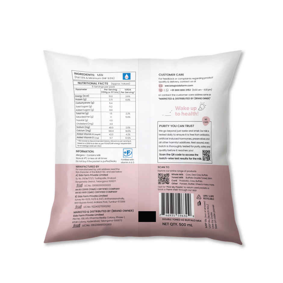 Sid's Farm Tested Double toned A2 Buffalo Milk (No Antibiotics . No Hormones . No Preservatives)