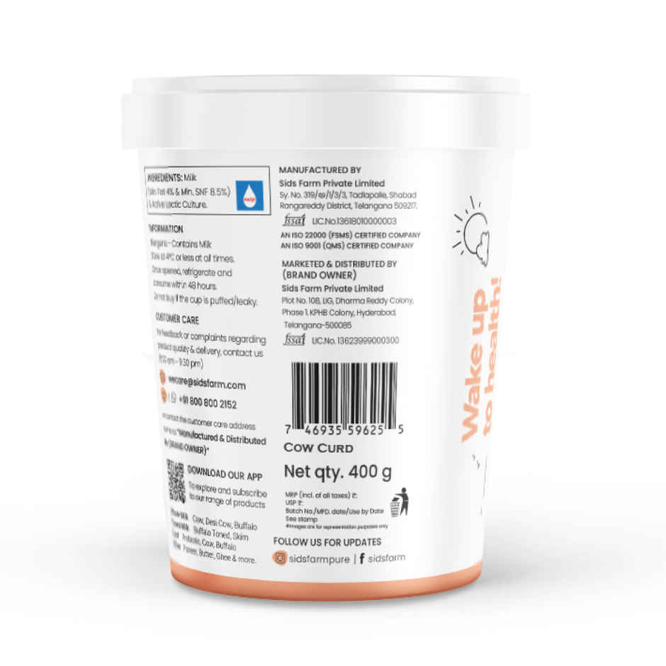 Sid's Farm Cow Curd - Made from Tested Milk (No Antibiotics . No Hormones . No Preservatives)