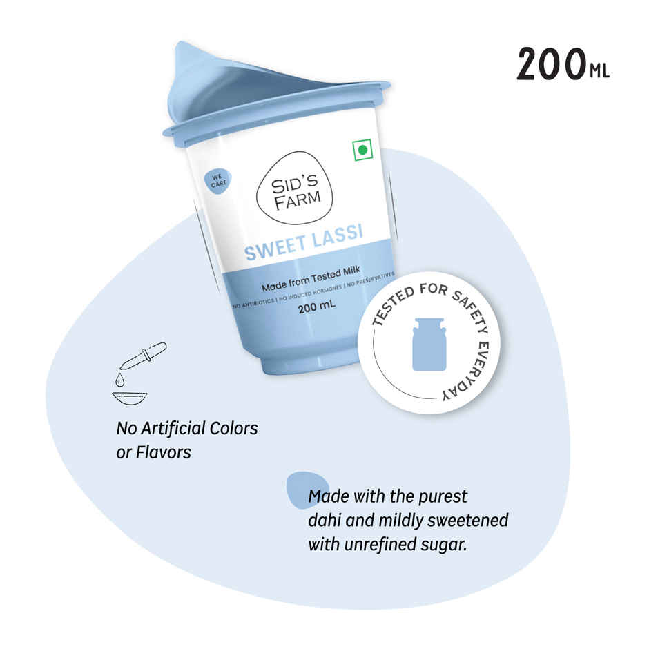 Sid's Farm Sweet Lassi - No artificial flavours or preservatives. Made from tested milk