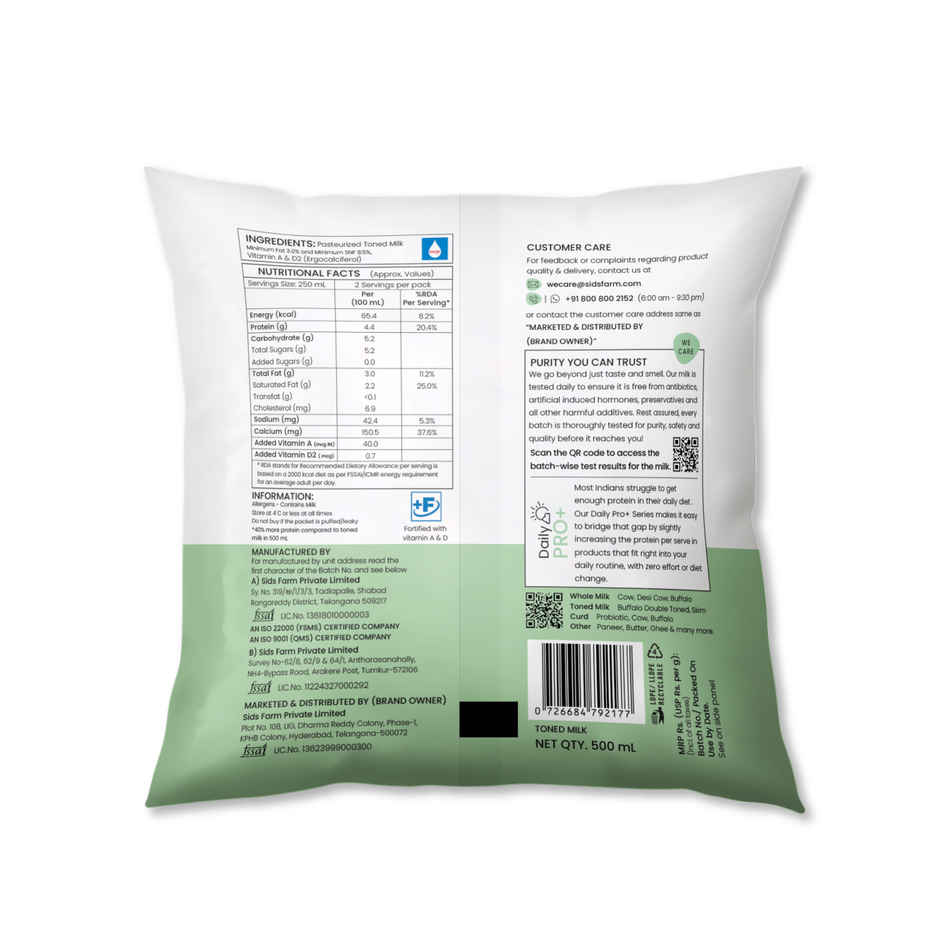 Sid's Farm Tested High Protein Toned Milk - No Antibiotics | No Hormones | No Preservatives
