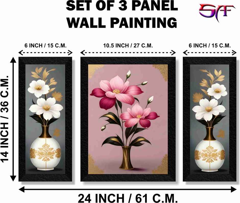 Saf Beautiful Flower Premium For Wall Decoration 14 Inch X 24 Inch Painting (With Frame, Pack Of 3)
