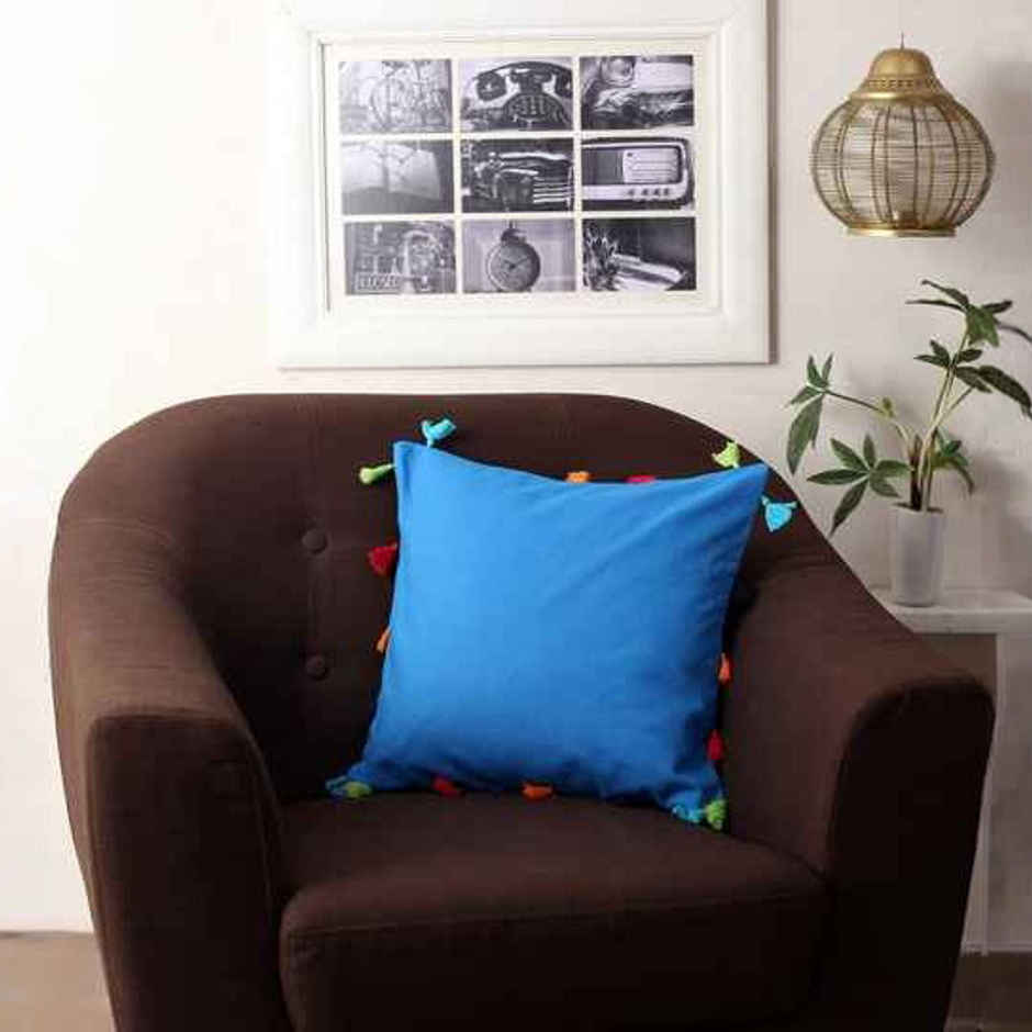 Lushomes Cushion Cover - Blue | 12 x 12 inch | Tassels