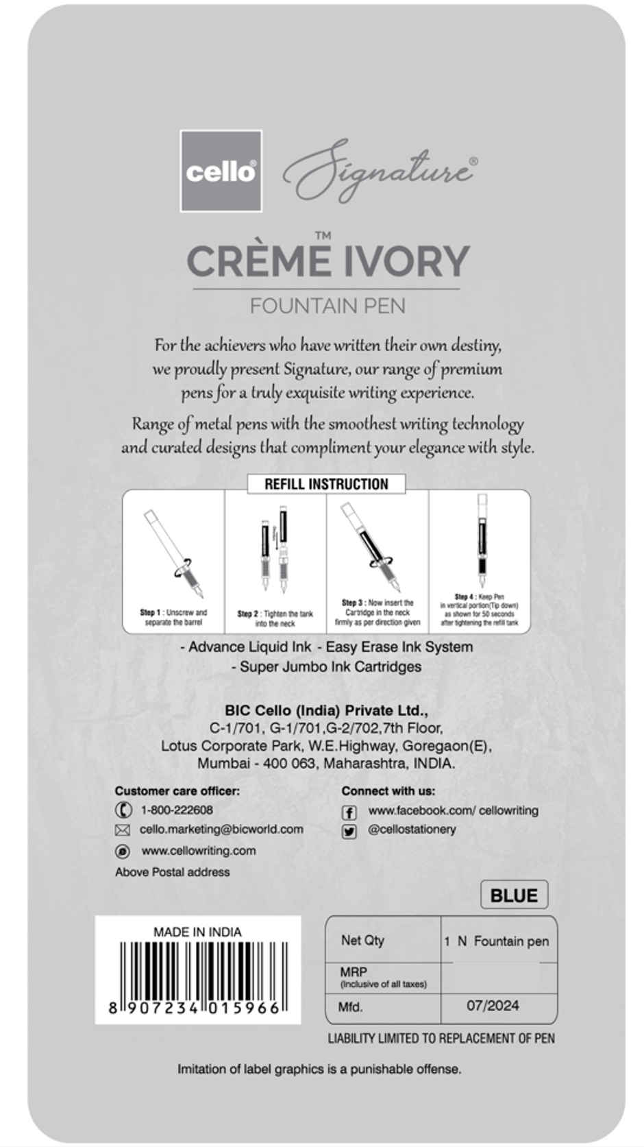 Cello Signature Creme Ivory Blue Fountain Pen