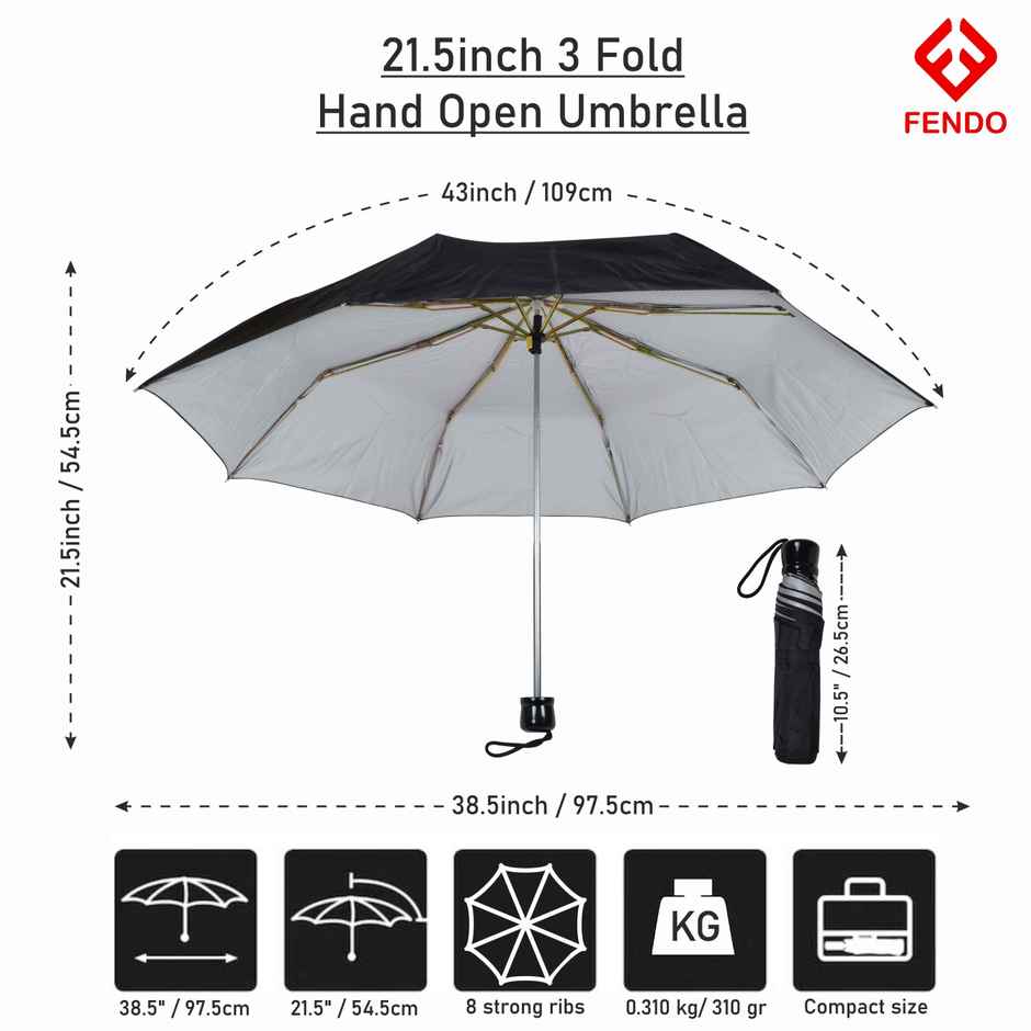 Fendo Auto Open Sun & Rainproof Regular Umbrella For Men & Women | Black & Silver | 21.5 Inch | 3 Fold
