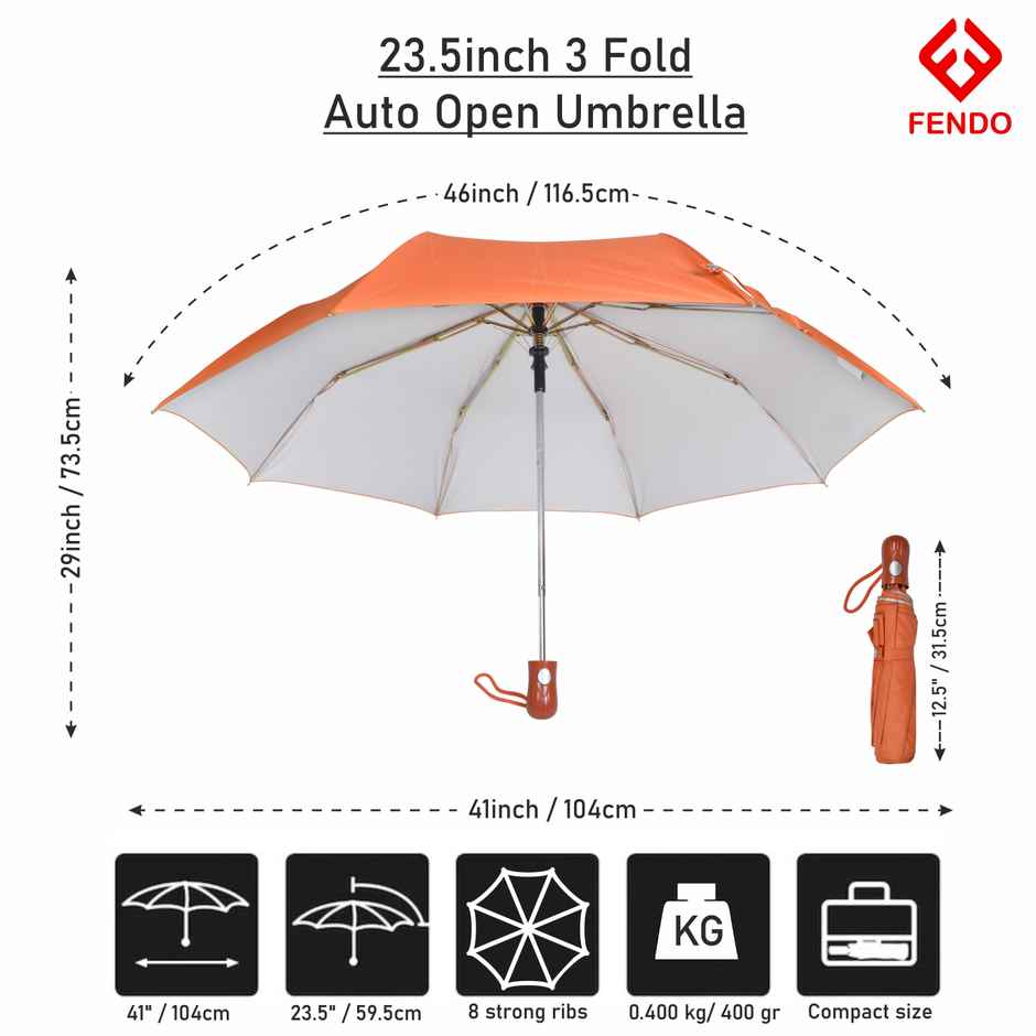 Fendo Tesla 3-Fold Auto Open 23.5-Inch Sun & Rainproof Umbrella - Orange