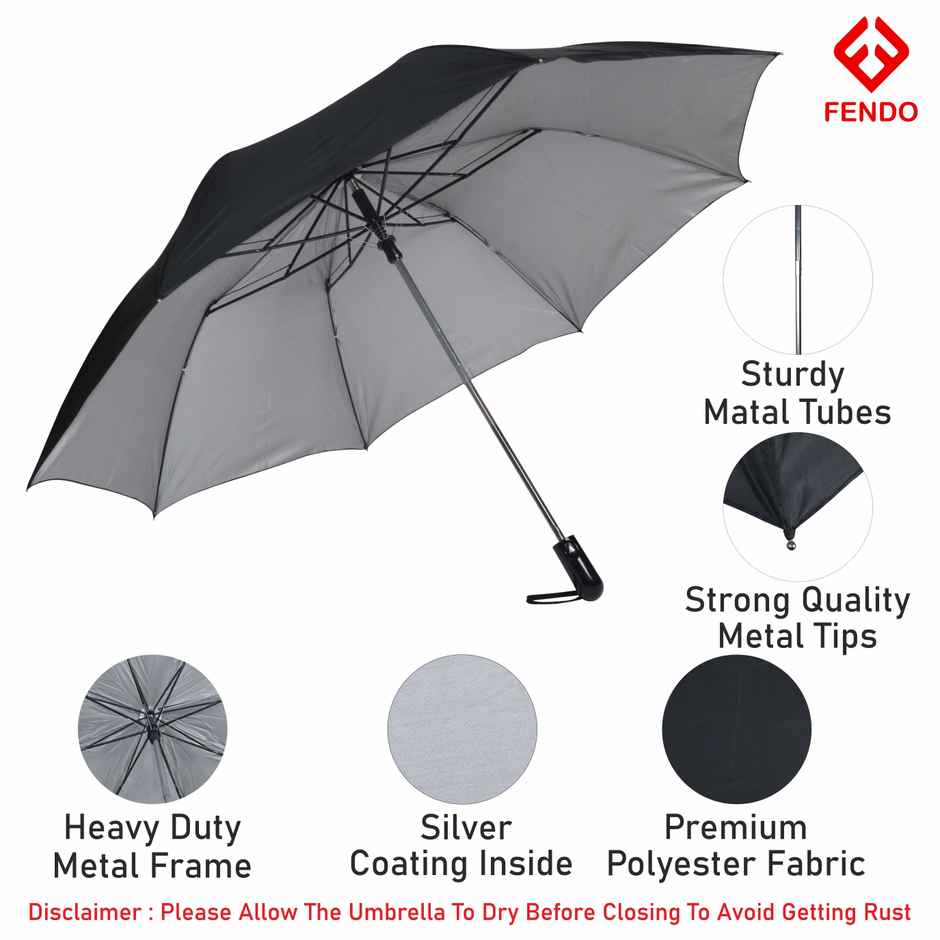 Fendo 2 Fold 27 Inch Umbrella For Men & Women | Wind & Rainproof | Black Silver