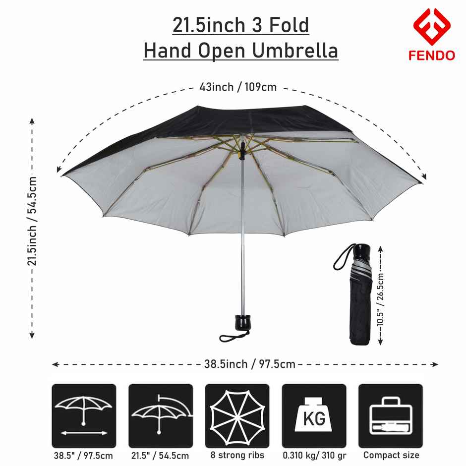Fendo 3 Fold Auto Open 21.5 Inch Sun & Rainproof Regular Umbrella For Men & Women | Black & Silver
