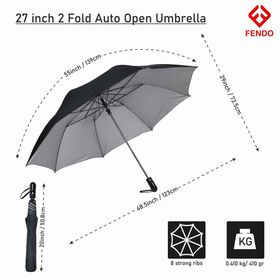 Fendo 2 Fold 27 Inch Umbrella For Men & Women | Wind & Rainproof | Black Silver