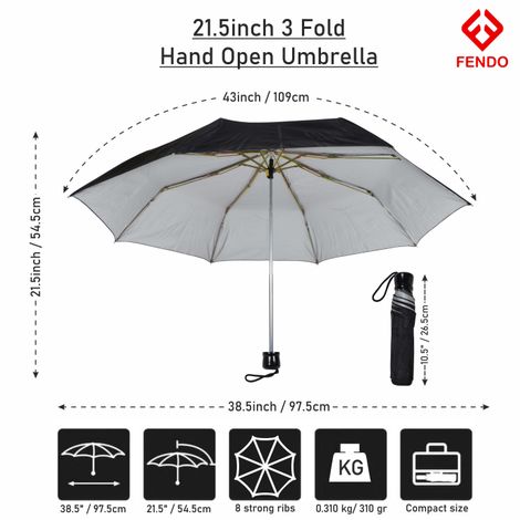 Fendo 3 Fold Auto Open 21.5 Inch Sun & Rainproof Regular Umbrella For Men & Women | Black & Silver