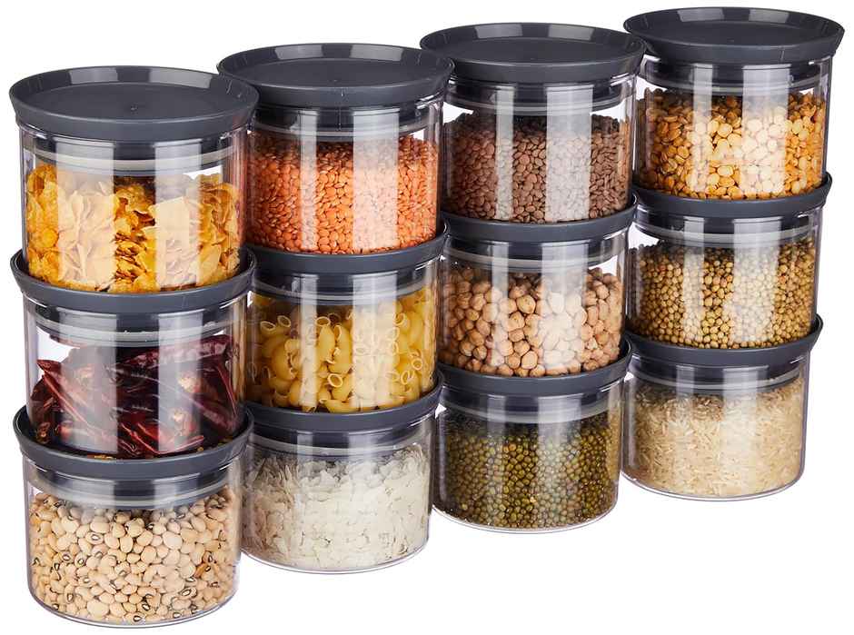 YouBee 500 ml Multipurpose Plastic Storage Jar and Kitchen Storage Container | Set of 12 | Grey
