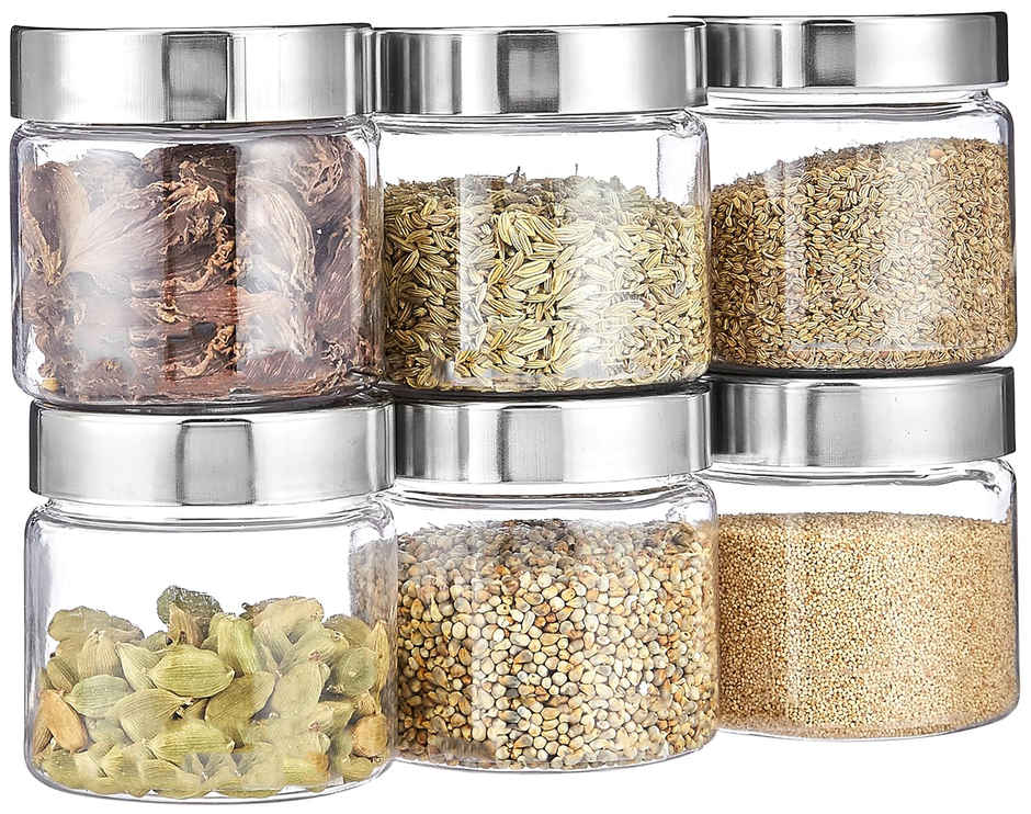 YouBee Plastic Storage Steel Cap Jar Set | Multipurpose Jar Set | 200 ml | Set of 6