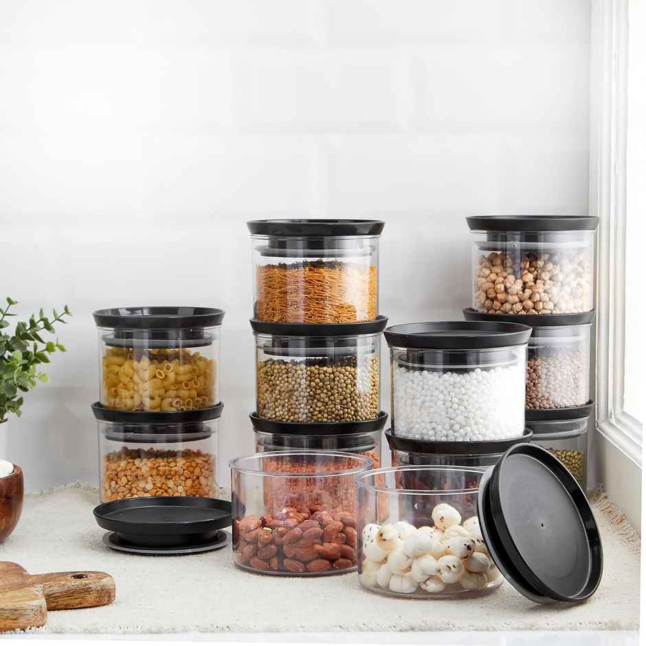 YouBee 500 ml Multipurpose Plastic Storage Jar and Kitchen Storage Container | Set of 12 | Black