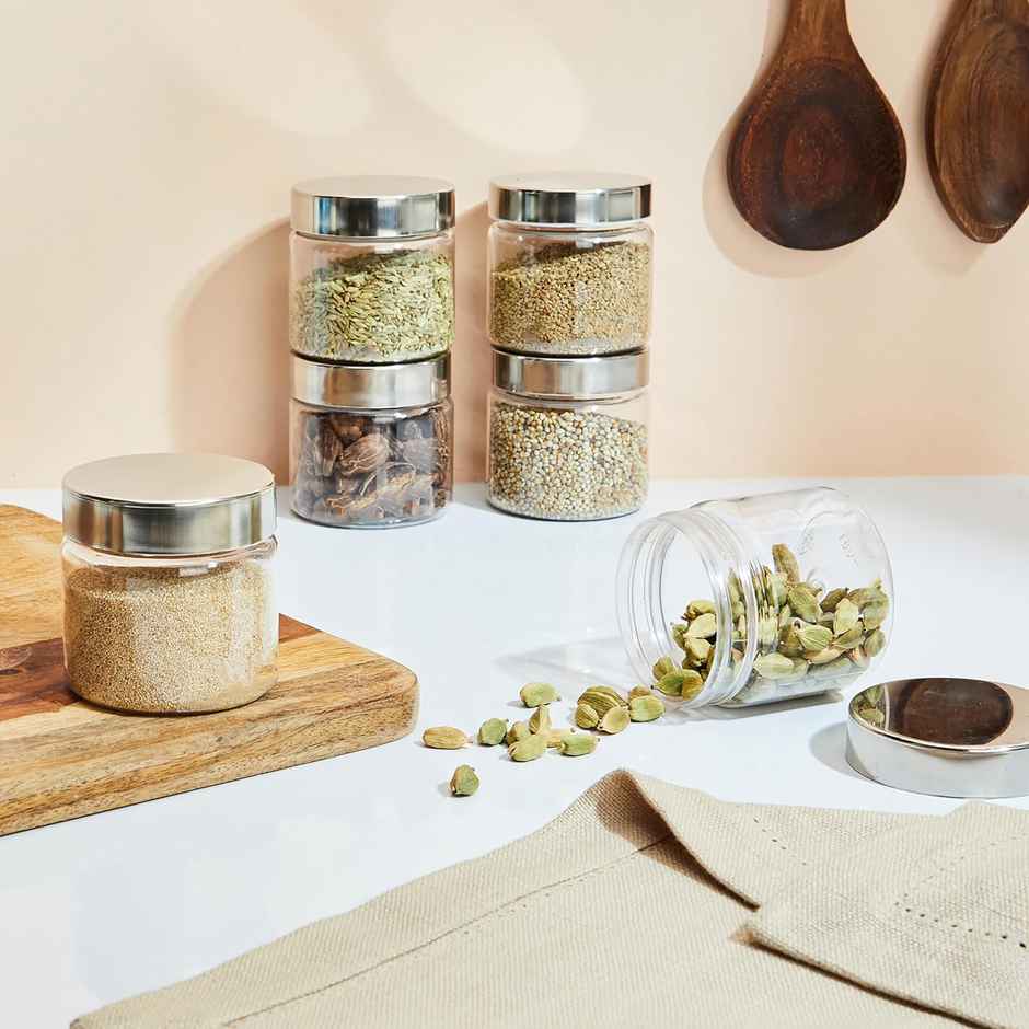 YouBee Plastic Storage Steel Cap Jar Set | Multipurpose Jar Set | 200 ml | Set of 6