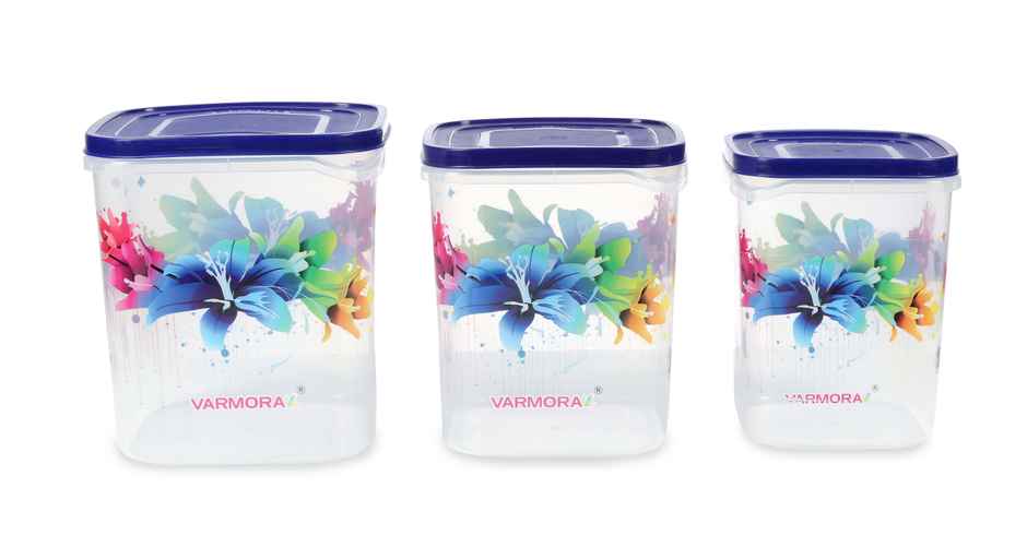 Varmora Glory Square Flower Plastic Grocery Storage Container- Set of 3 - Blue