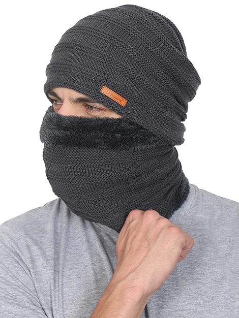 Fabseasons Unisex Acrylic Wool Beanie and Muffler | Dark Grey - Free Size