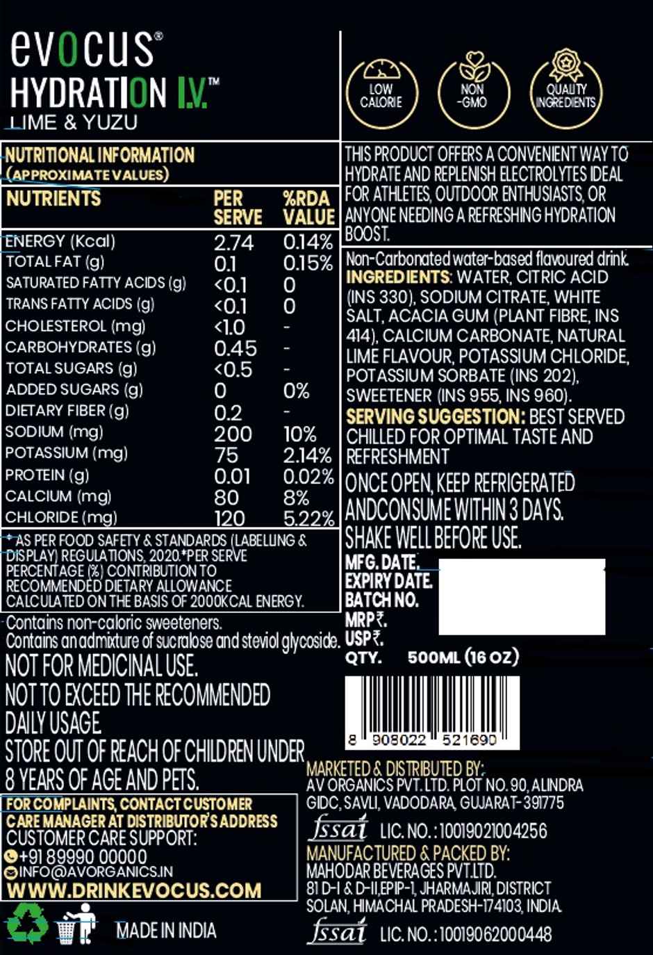 Evocus Hydration I.V. Electrolytes Drink - Hydration Drink | Lime & Yuzu