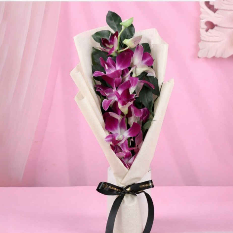 FlowerAura Single Purple Orchid in White Non-Woven Paper