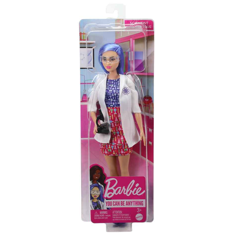 Barbie Scientist Doll Blue Hair | Color Block Dress | Lab Coat | Flats | Microscope Accessory